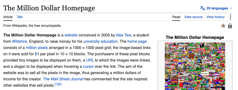 Wikipedia article about The Million Dollar Homepage